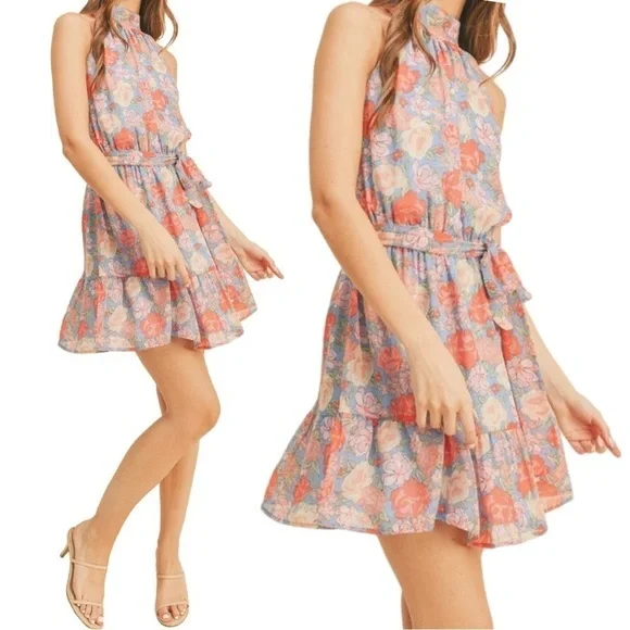 NEW Lush Floral Halter Neck Tie Waist Mini Dress - Picture 16 of 17